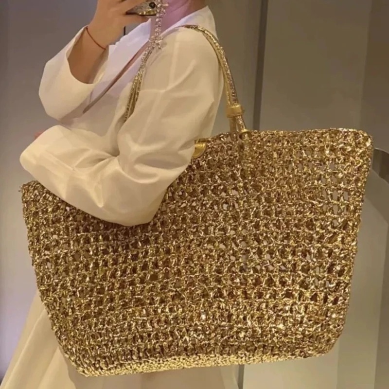 Metallic Woven Tote Bag Women  - Luxury Bags Gold 리뷰 및 가격