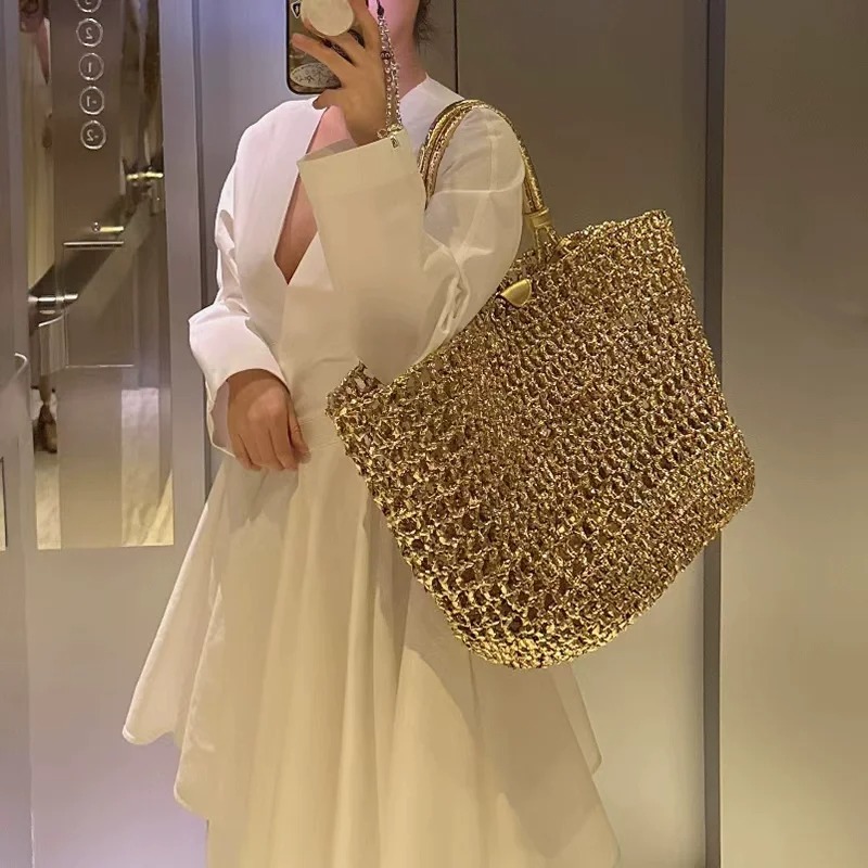 Metallic Woven Tote Bag Women  - Luxury Bags Gold 리뷰 및 가격